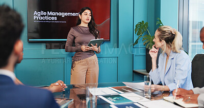 Buy stock photo Tablet, presentation and businesswoman in office with meeting for agile management practices. Digital technology, discussion and female hr manager with team for leadership workshop in workplace.