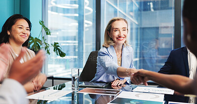 Buy stock photo Business woman, smile and shaking hands for partnership, deal or financial agreement with merger. Company acquisition, handshake and people in office for investment with support, trust and teamwork