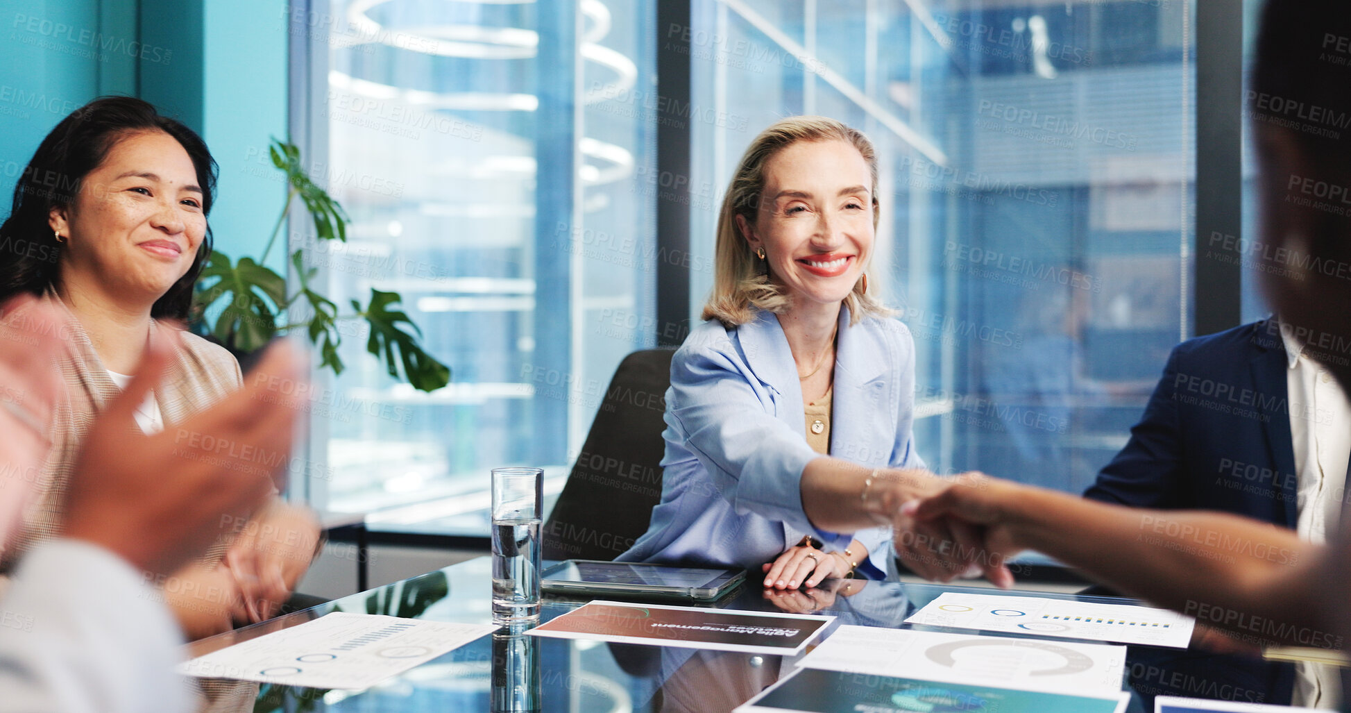 Buy stock photo Business woman, smile and shaking hands for partnership, deal or financial agreement with merger. Company acquisition, handshake and people in office for investment with support, trust and teamwork
