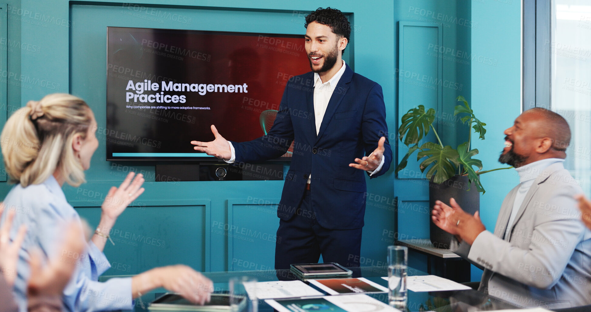 Buy stock photo Tablet, presentation and businessman in office with meeting for agile management practices. Digital technology, applause and hr manager with team for discussion at leadership workshop in workplace.