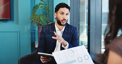 Buy stock photo Business, documents and people with discussion, charts for revenue and advice with feedback. Talking, professional or employees with investment deal, strategy and report for profit increase or graphs