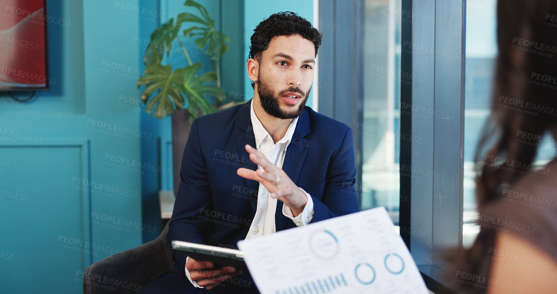 Buy stock photo Business, documents and people with discussion, charts for revenue and advice with feedback. Talking, professional or employees with investment deal, strategy and report for profit increase or graphs