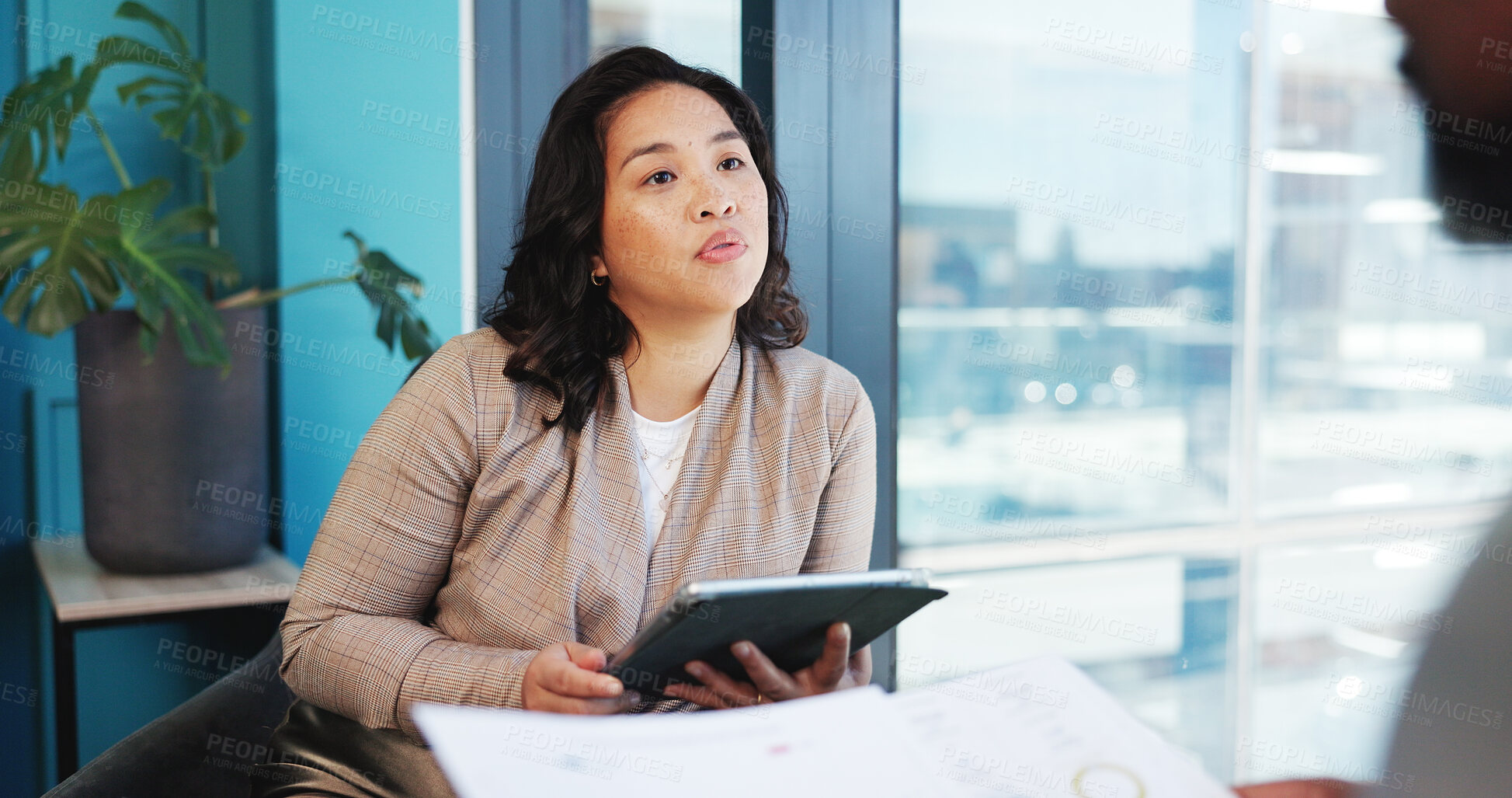 Buy stock photo Team, meeting and people with tablet, office and plan with paperwork for brand awareness and charts. Colleagues, talk and collaboration for marketing strategy, campaign and brainstorming with tech