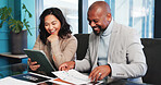 Happy, business people and tablet with documents for analytics, data analysis or performance review. Businessman, woman or employees with technology or paperwork for company report or good news