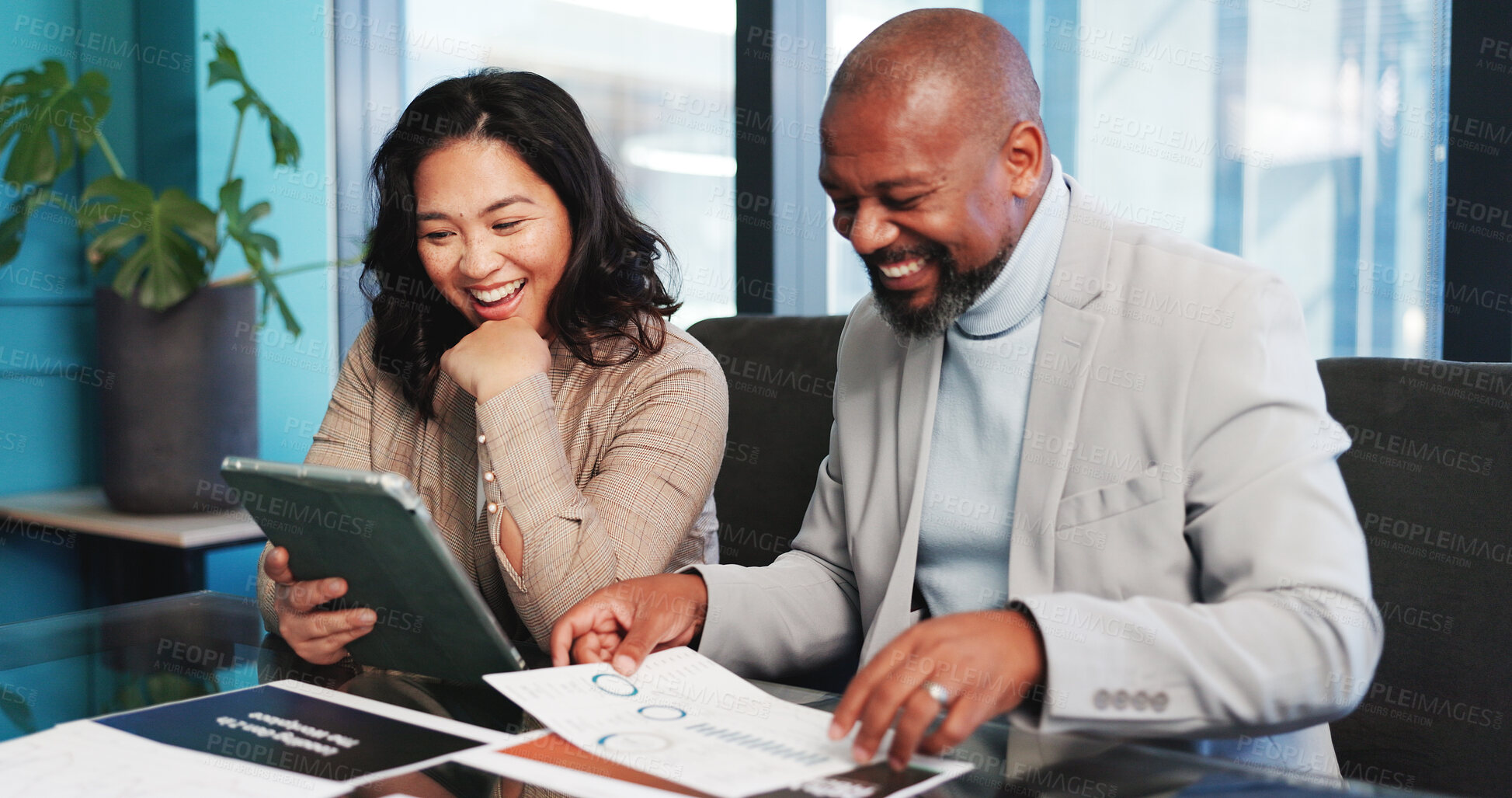 Buy stock photo Happy, business people and tablet with documents for analytics, data analysis or performance review. Businessman, woman or employees with technology or paperwork for company report or good news