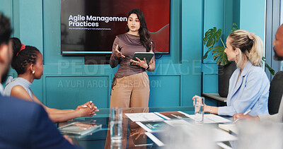 Buy stock photo Woman, presentation and business people in meeting on tablet for agile management practices in office. Corporate, team and speaker with tips, skills development and manager workshop for feedback