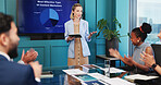 TV screen, presentation and businesswoman in office with team for most effective content marketers. Technology, applause and female marketing manager with collaboration for project in workplace.