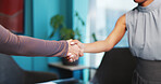 Business people, office and shaking hands for thank you, deal or financial partnership with merger. Company acquisition, handshake and collaboration for investment with woman, trust and agreement