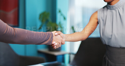 Buy stock photo Business people, office and shaking hands for thank you, deal or financial partnership with merger. Company acquisition, handshake and collaboration for investment with woman, trust and agreement