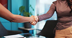 Business people, office and shaking hands for agreement, deal or financial partnership with merger. Company acquisition, handshake and collaboration for investment with support, trust and thank you