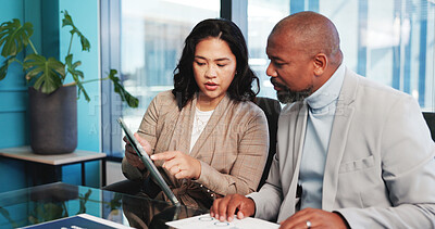 Buy stock photo Team, research and people with tablet, office or planning for brand awareness, discussion and online. Colleagues, talking and digital marketing with tech, man and woman with paperwork for campaign