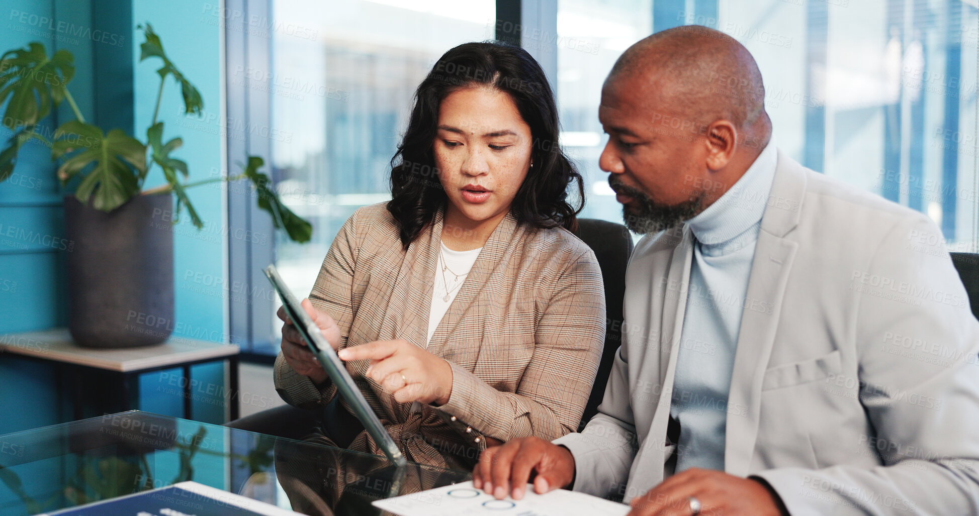 Buy stock photo Team, research and people with tablet, office or planning for brand awareness, discussion and online. Colleagues, talking and digital marketing with tech, man and woman with paperwork for campaign