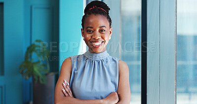 Buy stock photo Portrait, accountant and black woman with smile, arms crossed and happiness with confidence. African person, corporate professional and employee in office, pride and bookkeeping with career ambition