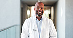 Doctor, healthcare and black man with smile, portrait and cardiology specialist with career ambition. Mature person, employee and professional in hospital for wellness, medical service and pride