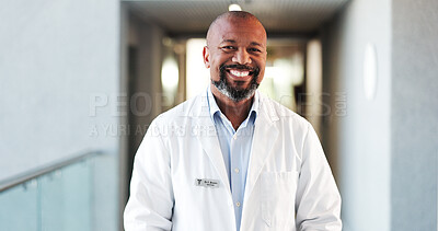 Buy stock photo Doctor, healthcare and black man with smile, portrait and cardiology specialist with career ambition. Mature person, employee and professional in hospital for wellness, medical service and pride