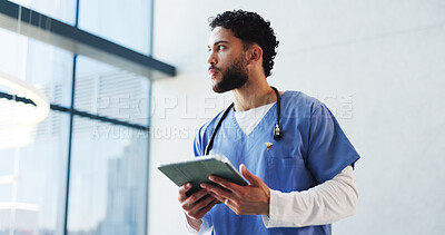 Buy stock photo Hospital, thinking and doctor on tablet in lobby for patient results, medical report and research. Healthcare, online and man on digital tech for consulting, surgery schedule and planning in clinic