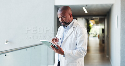 Buy stock photo Tablet, confused doctor and black man in hospital for healthcare error, glitch or reading report. Tech, medical professional or serious mature person with mistake for telehealth, records or insurance