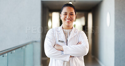 Buy stock photo Doctor, healthcare and woman with arms crossed, portrait and cardiology specialist with career ambition. Female person, employee and physician in hospital for wellness, medical service and pride