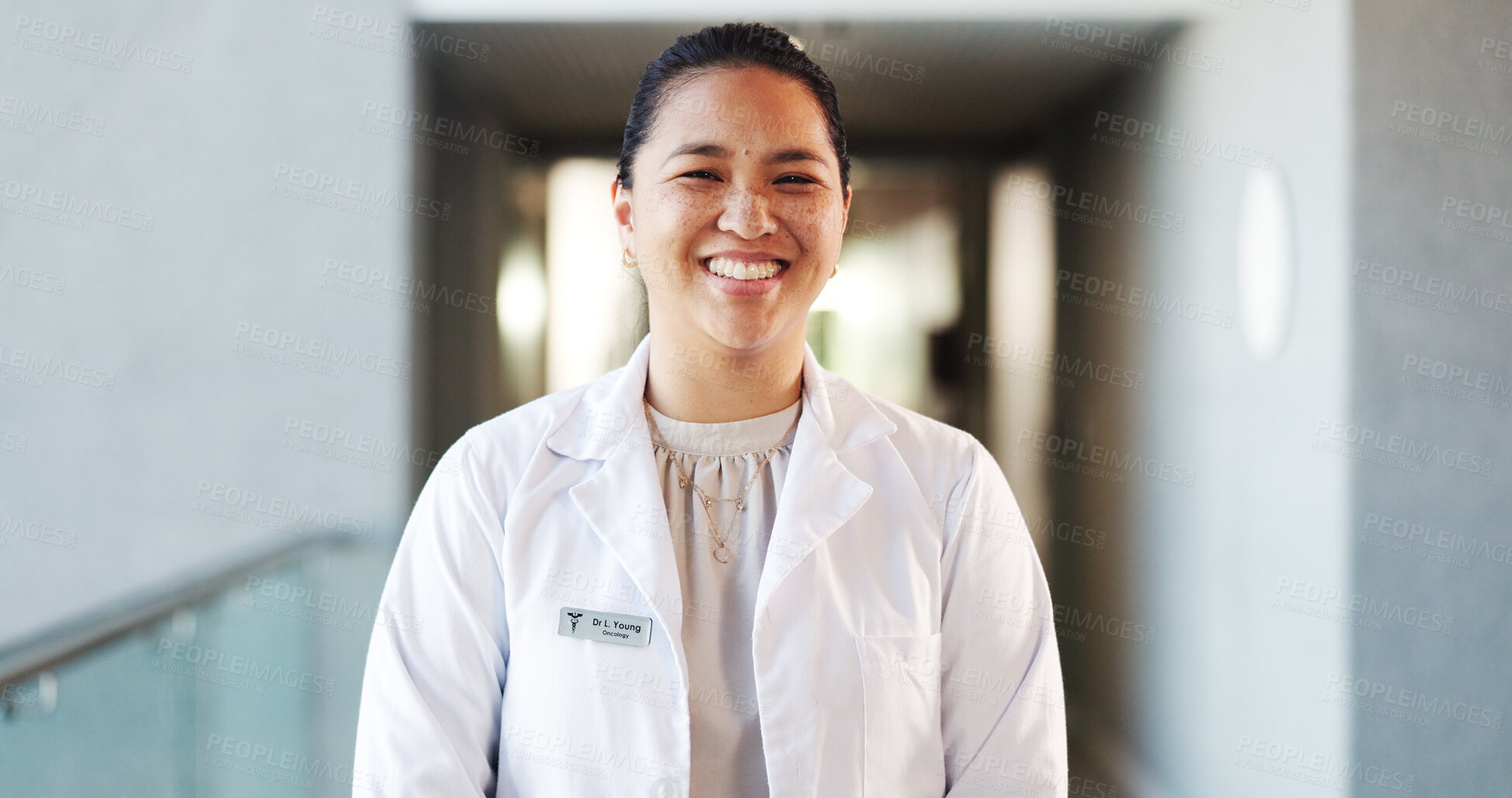 Buy stock photo Doctor, healthcare and woman with smile, portrait and cardiology specialist with career ambition in clinic. Female person, employee and surgeon in hospital for wellness, medical service and pride