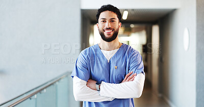 Buy stock photo Nurse, healthcare and man with arms crossed, portrait and professional with career ambition in clinic. Male person, employee and health worker in hospital for wellness, medical service and pride