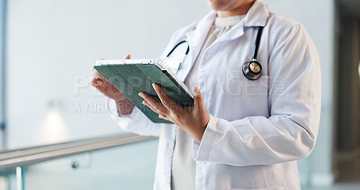 Buy stock photo Medical, person and hands in hospital with tablet, information or record check for patient diagnosis. Healthcare, review or doctor in clinic with tech, admin or evaluation results for online report.