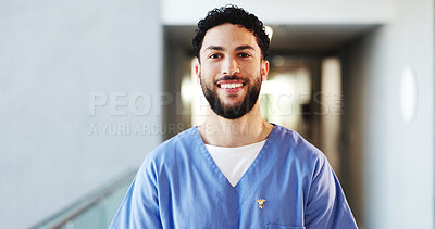 Buy stock photo Nurse, clinic and man with smile, portrait and healthcare professional with career ambition. Male person, employee and support worker in hospital for wellness, medical service or about us pride