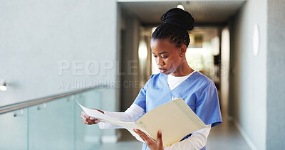 Buy stock photo Medical records, black woman and nurse in hospital with reading for diagnosis of patient. Documents, consultation report and African female healthcare worker with checkup paperwork in clinic.