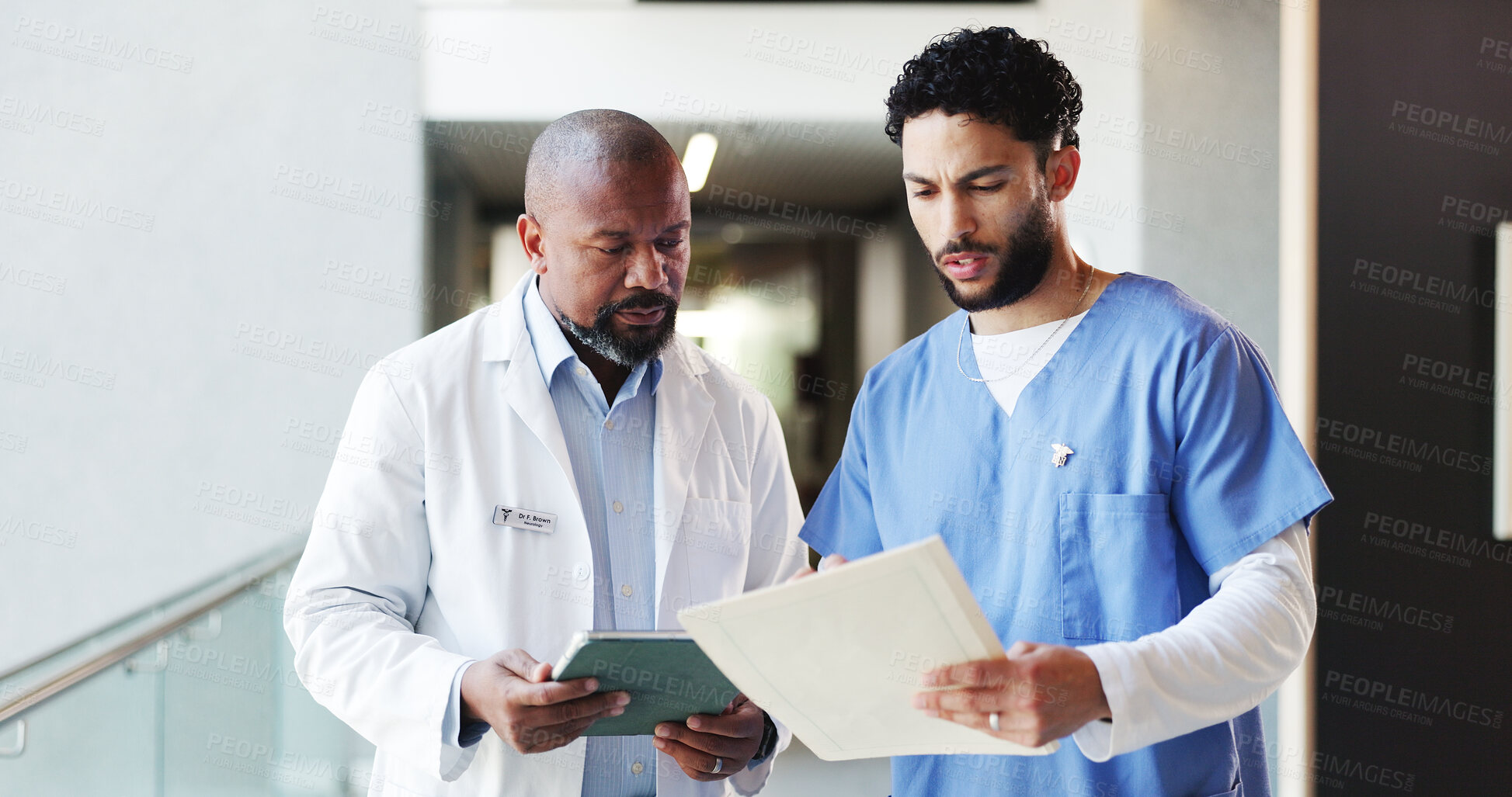 Buy stock photo Doctor, tablet or nurse with medical folder in clinic for patient results, health opinion or advice. Healthcare team, men or document in hospital hallway for treatment options, feedback or discussion