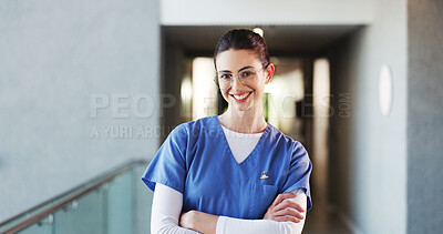 Buy stock photo Nurse, clinic and woman with arms crossed, portrait and professional with career ambition. Female person, employee and health worker in hospital for wellness, medical service or healthcare pride