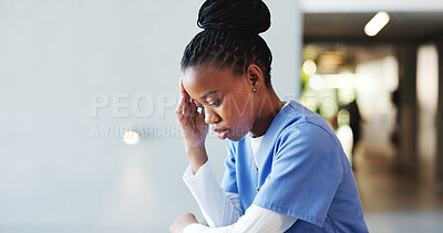 Buy stock photo Medical, sad or nurse in hospital with thinking, patient loss or stress in surgery result. Healthcare, reflection or black woman in clinic with guilt, disappointment and worry in emergency risk.