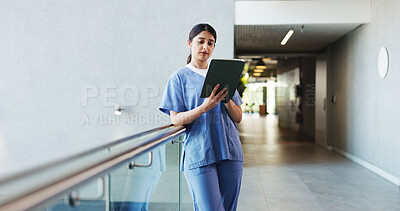 Buy stock photo Hospital, woman and nurse on tablet in lobby for patient results, medical report and research. Healthcare, doctor and person on digital tech for consulting, surgery schedule and planning in clinic
