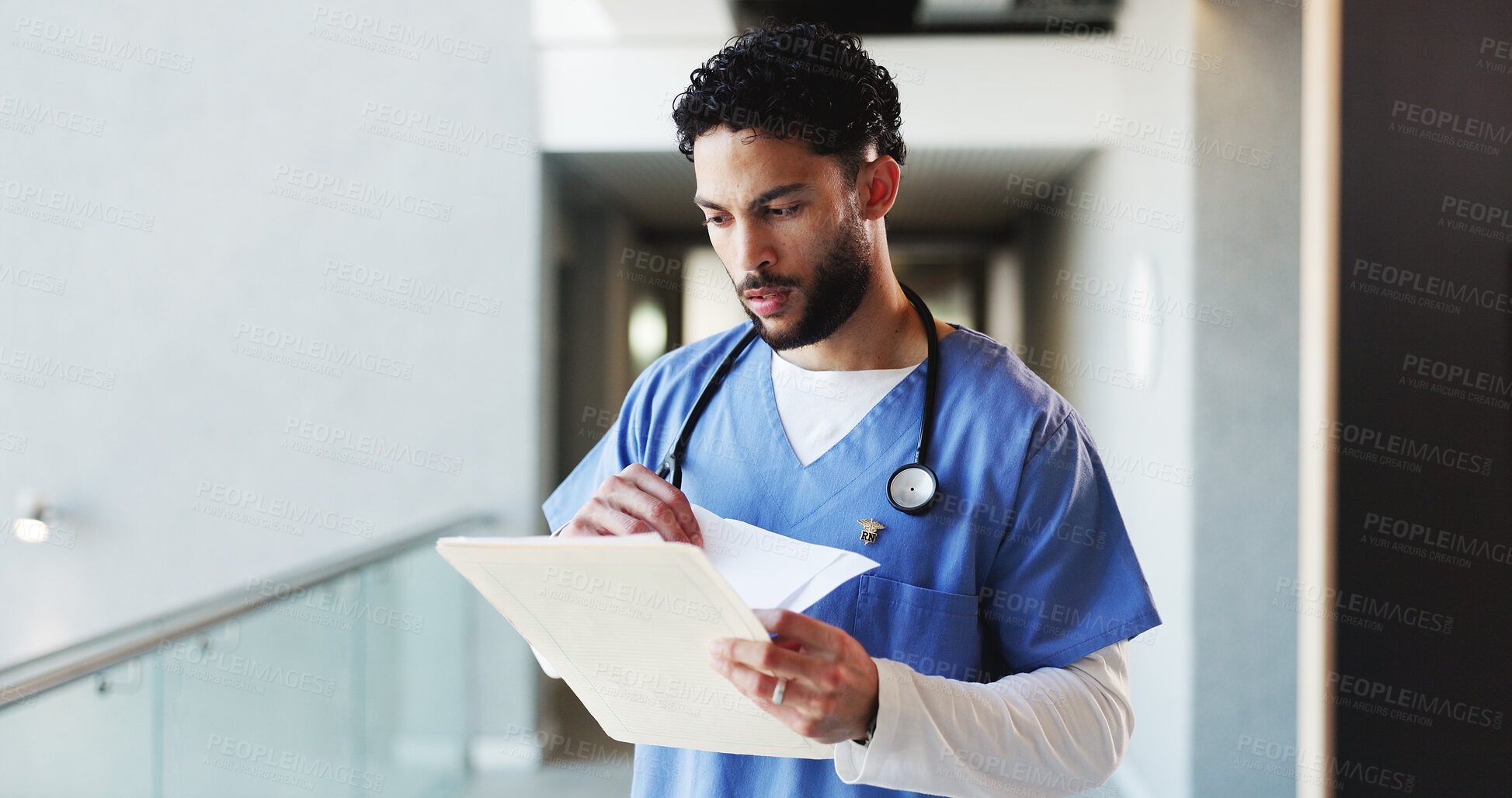 Buy stock photo Nurse, man and reading paperwork in hospital for healthcare information, results or report. Documents, medical professional or serious person with files for records, insurance or wellness in clinic