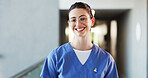 Nurse, clinic and woman with smile, portrait and cardiology specialist with career ambition for healthcare. Female person, employee and caregiver in hospital for wellness, medical service and pride
