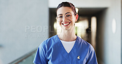 Buy stock photo Nurse, clinic and woman with smile, portrait and professional with career ambition for healthcare. Female person, employee and health worker in hospital for wellness, medical service and pride