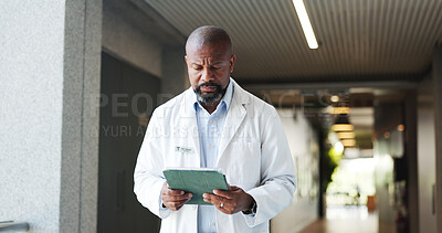 Buy stock photo Tablet, confused doctor and black man in clinic for healthcare error, glitch or reading report. Tech, medical professional or serious mature person with mistake for telehealth, records or insurance