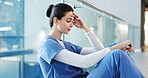 Medical, sitting or doctor in hospital with disappointment, patient loss or stress in surgery result. Healthcare, bad news or woman in clinic with guilt, reflection and worry in emergency risk.