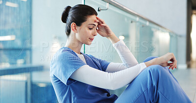 Buy stock photo Medical, sitting or doctor in hospital with disappointment, patient loss or stress in surgery result. Healthcare, woman or surgeon in clinic with guilt, bad news and worry in emergency risk.