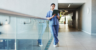 Buy stock photo Typing, nurse and woman on tablet in hospital for patient results, medical report and research. Healthcare, space and doctor on digital tech for consulting, surgery schedule and website in clinic