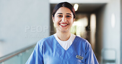 Buy stock photo Nurse, healthcare and woman with smile, portrait and cardiology specialist with career ambition. Female person, employee and professional caregiver in hospital for wellness, medical service and pride