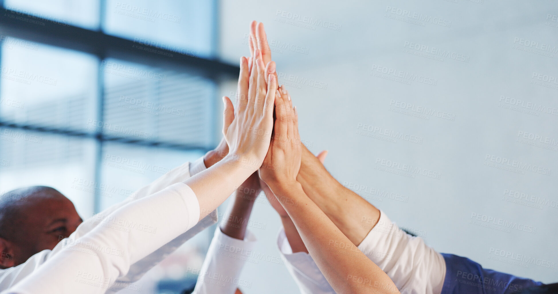 Buy stock photo Hands, high five and medical team in hospital for celebration, motivation and wellness success. People, doctor and huddle with gesture for solidarity, collaboration and teamwork of healthcare victory