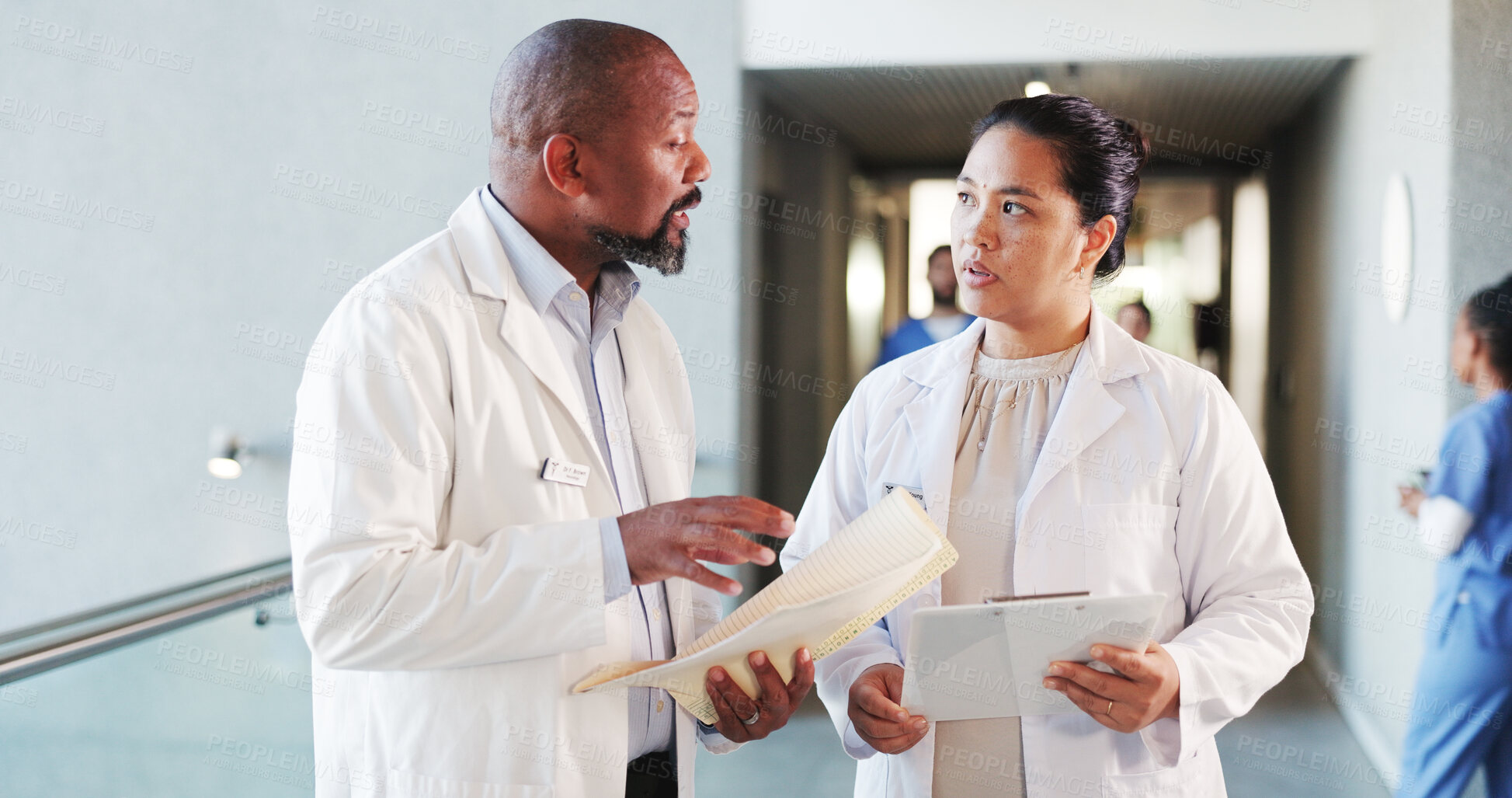 Buy stock photo Doctors, discussion and people with healthcare, documents and teamwork with research. Medical service, man and woman in clinic, paperwork or support with schedule, advice or cooperation with feedback