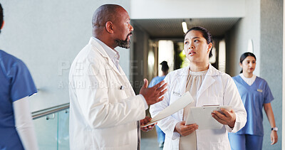 Buy stock photo Medical, conversation or people in hospital with documents, collaboration or discussion on patient results. Healthcare, support or doctors in clinic with folder, advice or feedback for treatment plan