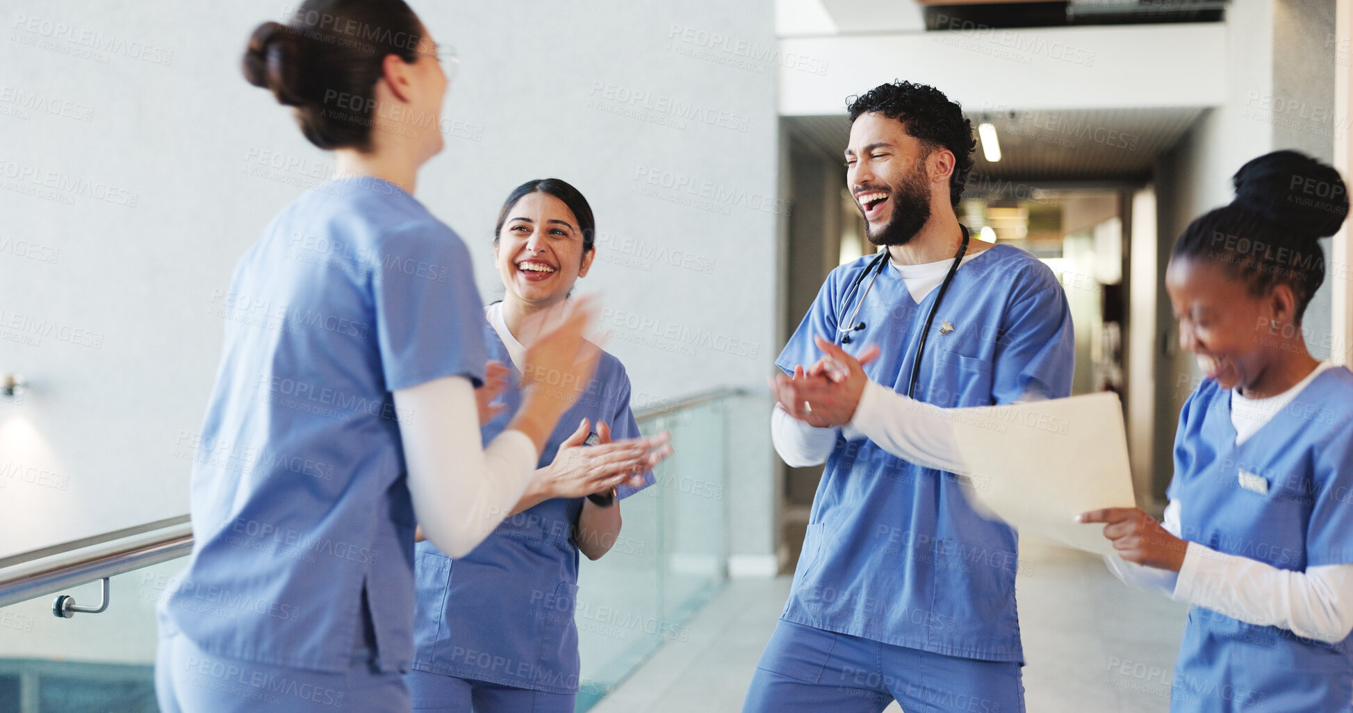 Buy stock photo Happy, people and doctors applause in hospital for celebration, surgery success and team victory. Smile, healthcare workers and clapping hands for medical milestone, staff motivation and achievement