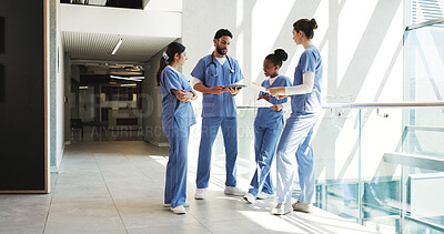 Buy stock photo People, doctors and meeting with tablet in hospital for planning, medical report and schedule notes. Staff, digital and team brainstorming for operation, healthcare checklist and treatment records