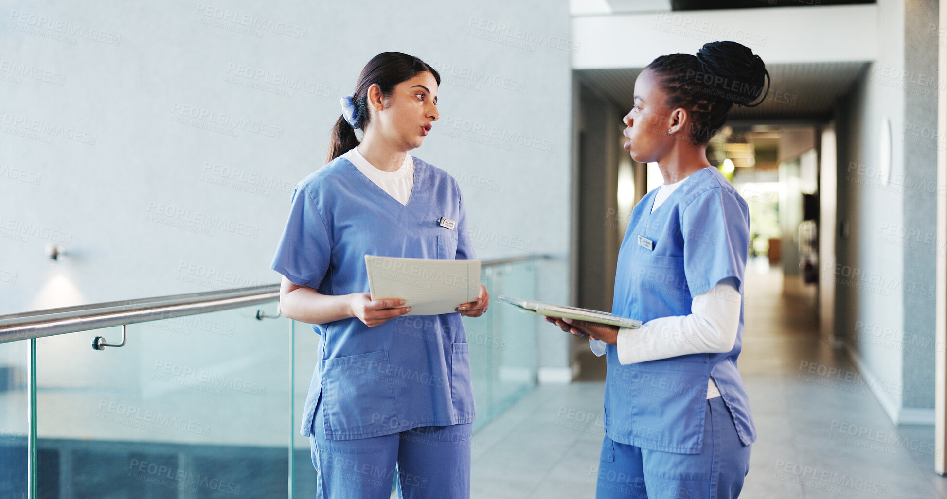 Buy stock photo Tablet, women and doctors in discussion in hospital with collaboration for medical research. Digital technology, teamwork and female healthcare employees with surgery planning with records in clinic.
