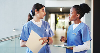 Buy stock photo Tablet, discussion and women nurses in hospital with collaboration for medical consultation. Digital technology, teamwork and female healthcare employees with nursing career with records in clinic.