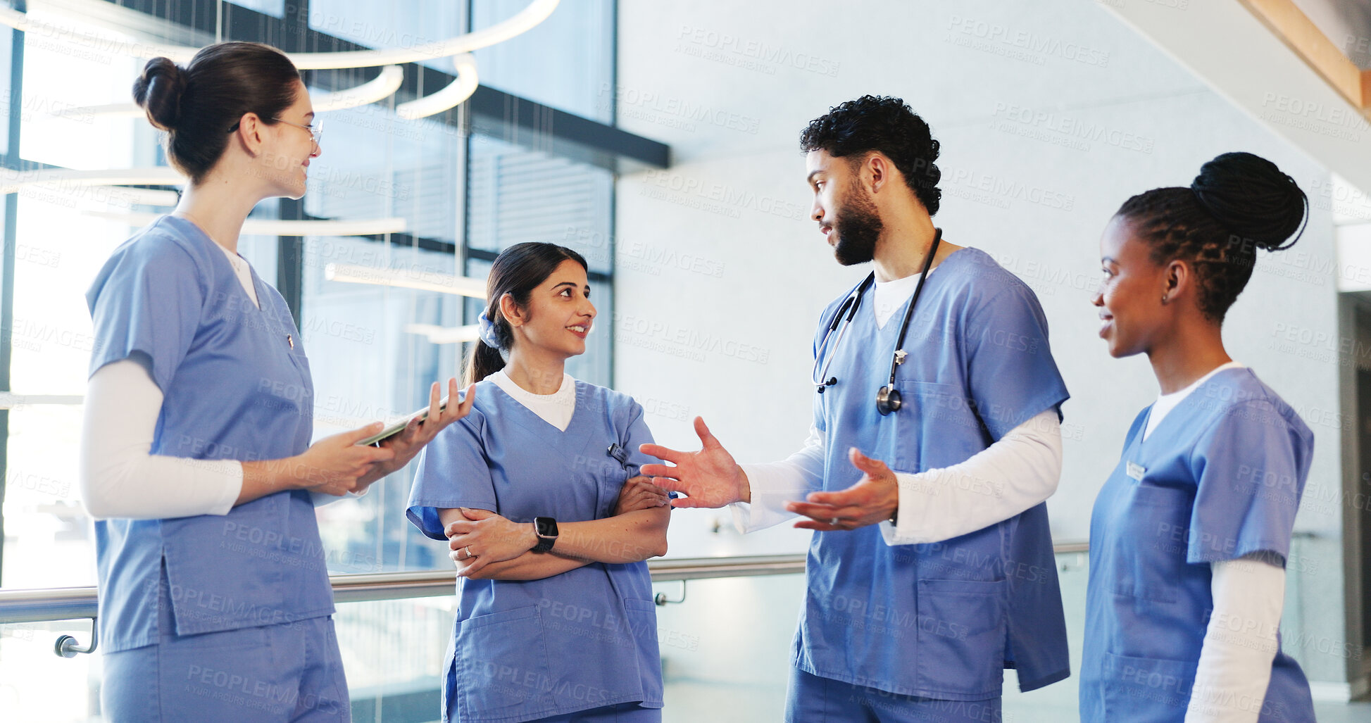 Buy stock photo Team, hospital and med students talking in lobby for consulting, medical advice and diagnosis. Healthcare, internship and people in conversation, discussion and meeting for results and treatment plan
