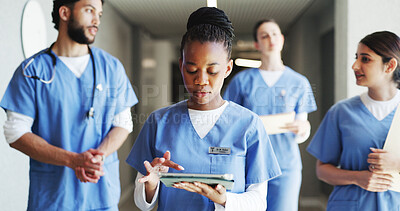 Buy stock photo Nurse, team and woman with tablet, hospital and medical research for treatment plan, scroll and web. Clinic, healthcare worker and person with tech for diagnosis, browse or online for patient results