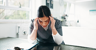 Buy stock photo Veterinarian, headache and woman with pain, burnout and overworked with pressure. Person, professional and doctor in clinic, migraine and tension with stress, overwhelmed and anxiety with bad news