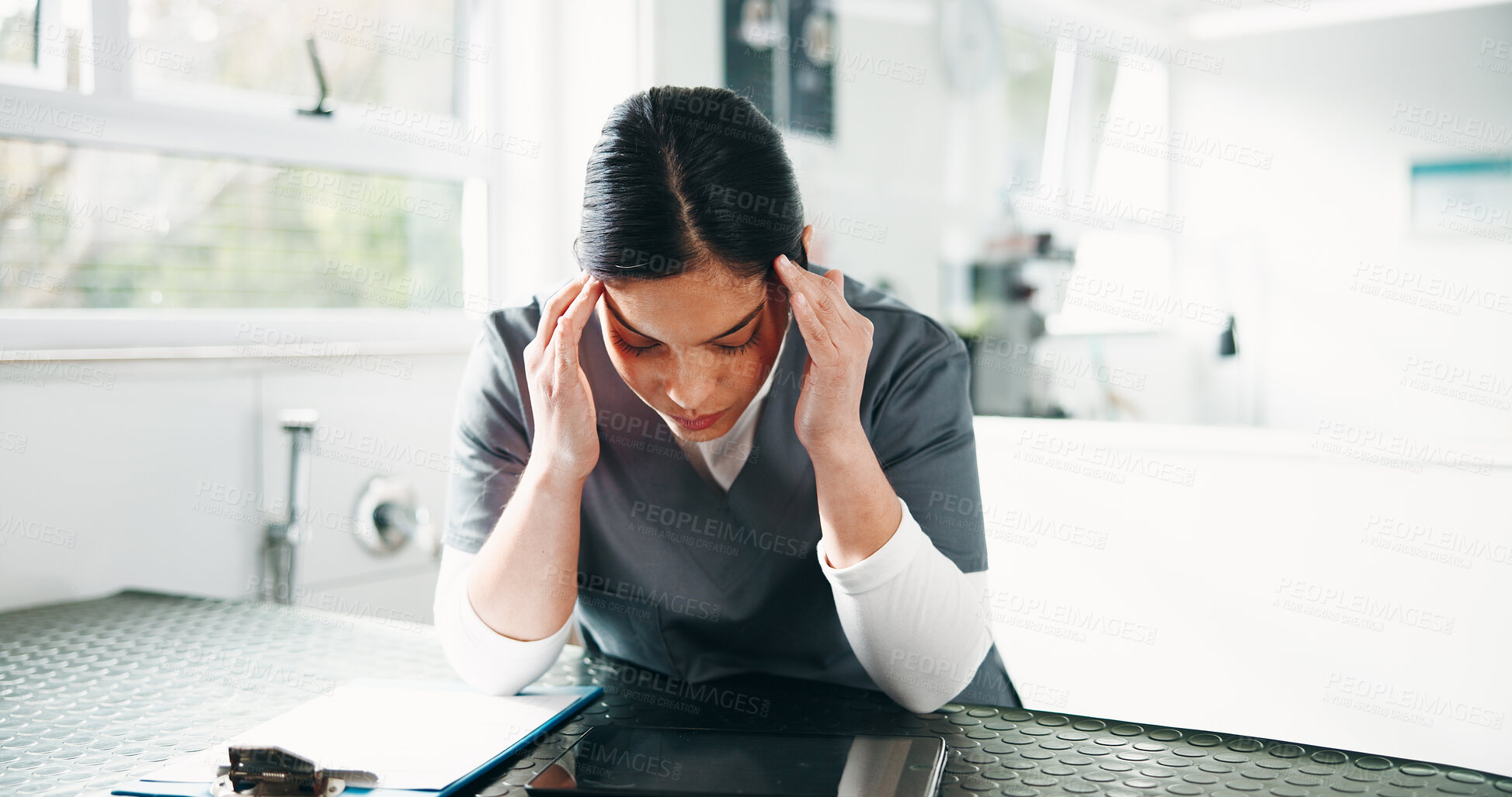 Buy stock photo Veterinarian, headache and woman with pain, burnout and overworked with pressure. Person, professional and doctor in clinic, migraine and tension with stress, overwhelmed and anxiety with bad news